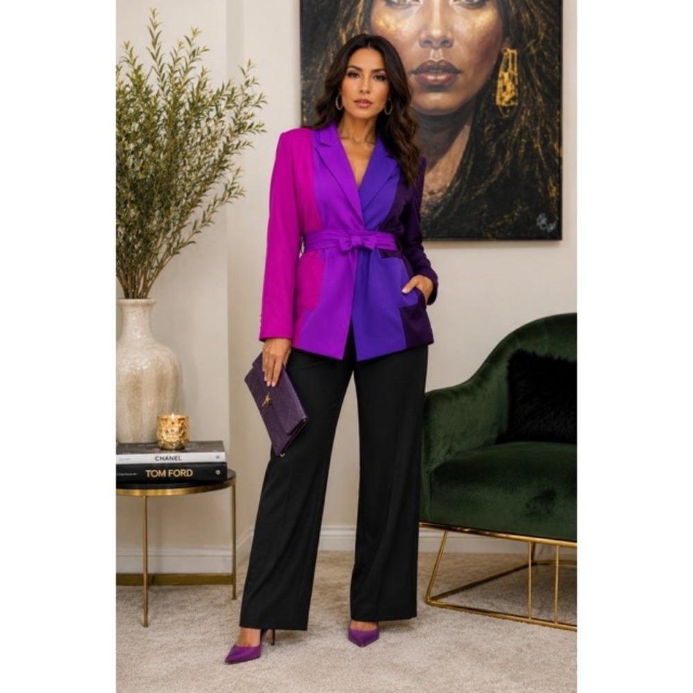 Women's Purple Pink Colorblock Blazer Single Button Jacket 80s Retro Business